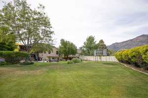 View of yard with a mountain view and a patio