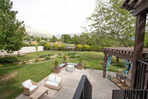 View of patio featuring a mountain view