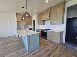 Kitchen with stainless steel range with gas cooktop, custom range hood, light wood-type flooring, a sink, and recessed lighting