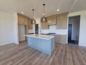 Kitchen with a textured ceiling, a sink, baseboards, wood finished floors, and tasteful backsplash