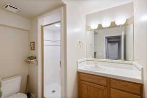 Bathroom featuring vanity, toilet, and a shower stall