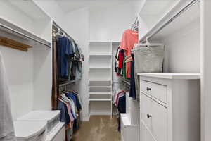 Walk in closet featuring light colored carpet