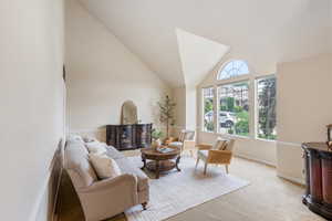 Living room featuring a wood stove, baseboards, light carpet, and high vaulted ceiling
