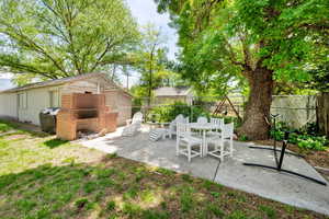 Backyard, flower beds, patio
