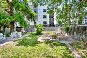Backyard, flower beds, patio
