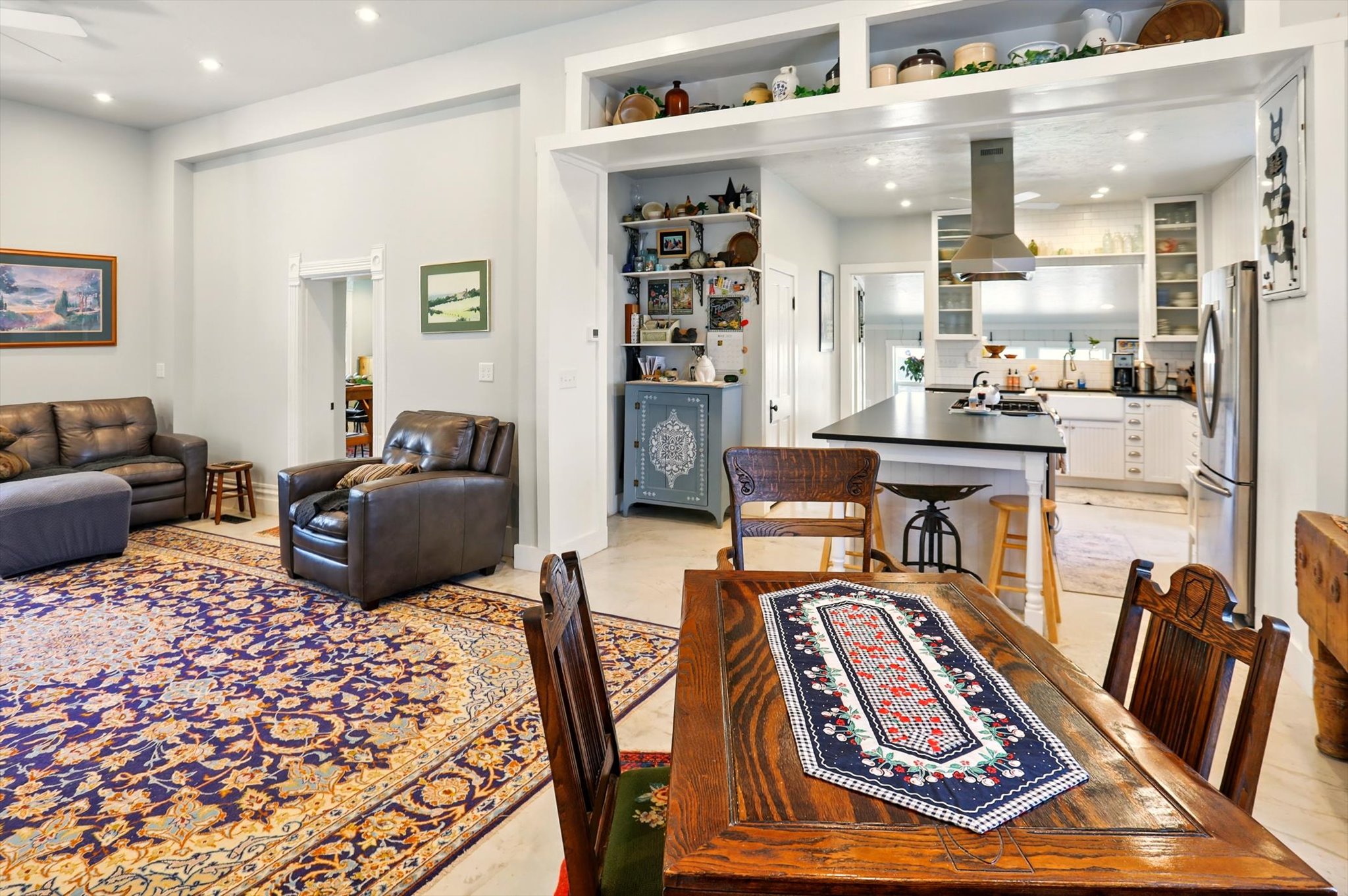 Dining space featuring recessed lighting and ceiling fan