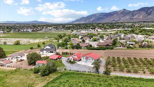 Aerial perspective of suburban area featuring mountains