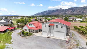 Aerial view of residential area featuring mountains