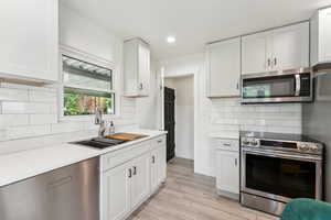 Kitchen with backdoor and door to basement.