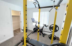 Workout area with baseboards and carpet flooring