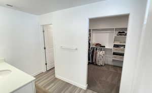 Bathroom featuring vanity, a spacious closet, wood finished floors, and baseboards