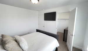Carpeted bedroom featuring a closet and baseboards