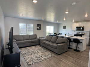 Living area featuring wood finished floors, recessed lighting, and a textured ceiling