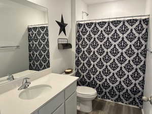 Full bath featuring vanity, toilet, wood finished floors, and a shower with shower curtain
