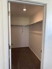 Walk in closet featuring dark carpet
