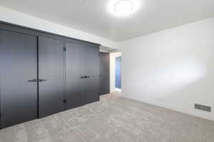 Unfurnished bedroom featuring light carpet, a closet, baseboards, and a textured ceiling