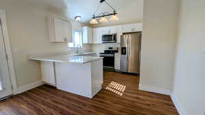 Kitchen with stainless steel appliances, white cabinetry, a peninsula, and dark wood-style flooring