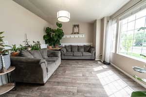 Bright living room with cozy seating and large windows.