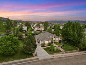 Aerial view of residential area with a mountainous background