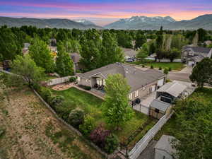 Aerial view of residential area with a mountainous background