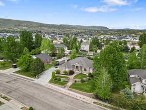 Aerial view of residential area with mountains