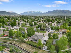 Aerial perspective of suburban area with mountains