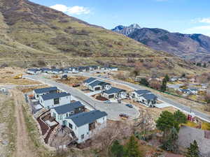 Aerial perspective of suburban area featuring mountains