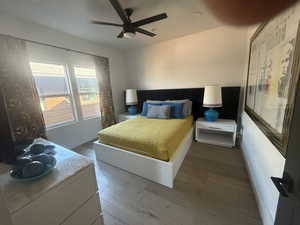Bedroom with wood finished floors and a ceiling fan