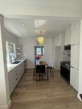Kitchen with a sink, range with electric stovetop, exhaust hood, light wood-style flooring, and modern cabinets