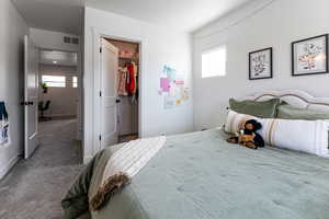 Bedroom featuring multiple windows, a walk in closet, carpet floors, and baseboards