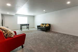 Living area with carpet floors, a textured ceiling, recessed lighting, and baseboards