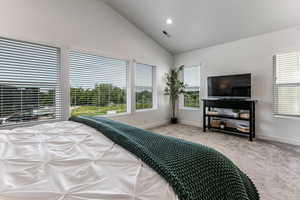Bedroom with carpet flooring, baseboards, and high vaulted ceiling