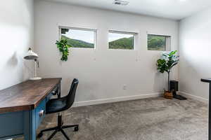Home office featuring carpet flooring and baseboards