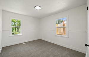 Carpeted empty room featuring healthy amount of natural light, baseboards, and a textured ceiling