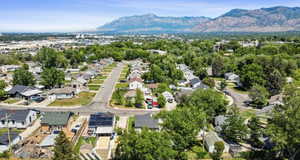 Aerial view of residential area with a mountain backdrop
