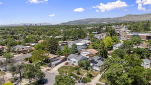 Aerial view of residential area with mountains