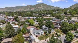 Aerial view of residential area with mountains