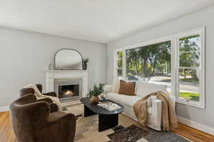 Living area with wood finished floors and a glass covered fireplace