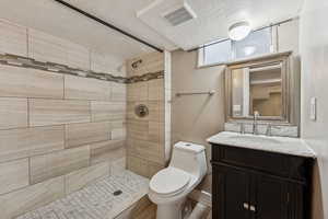 Full bathroom with a textured ceiling, vanity, and a tile shower