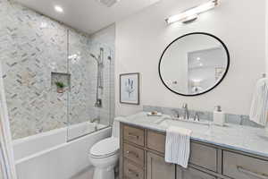 Master Bathroom with vanity, shower / bath combination, toilet, and recessed lighting