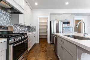 Kitchen featuring stainless steel appliances, custom range hood, a sink, dark wood-style floors, and decorative backsplash