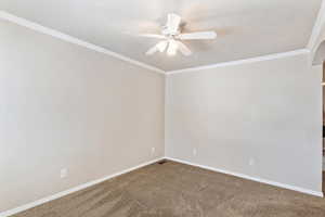 Unfurnished room with ceiling fan, ornamental molding, carpet, and baseboards