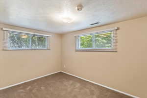 Spare room with carpet, baseboards, a textured ceiling, and a smoke detector