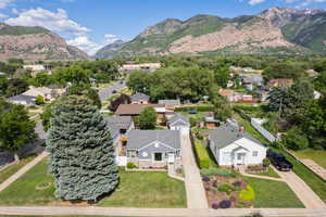 Aerial view of residential area with a mountainous background