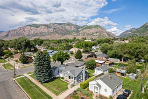 Aerial view of residential area with a mountainous background