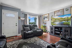Living room featuring wood finished floors and ornamental molding