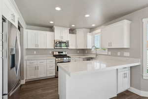 Kitchen featuring stainless steel appliances, a sink, a peninsula, dark wood-type flooring, and white cabinets