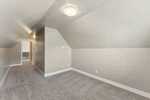 Additional living space featuring carpet floors, vaulted ceiling, and baseboards