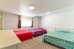 Bedroom featuring carpet flooring and a textured ceiling