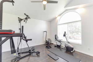 Workout room featuring healthy amount of natural light, wood finished floors, vaulted ceiling, and ceiling fan